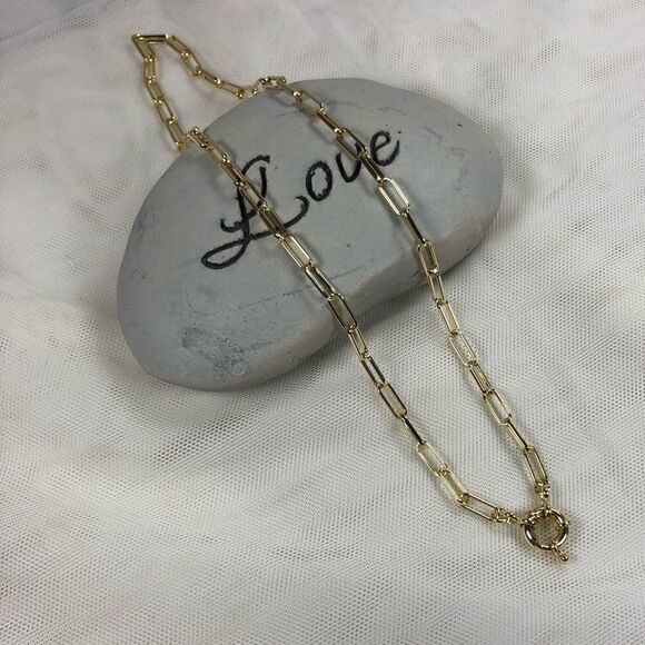 14k Gold Rectangle Link Toggle Choker Necklace - Picture 8 of 10